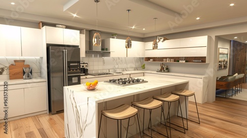 Modern kitchen interior with white cabinets, marble countertop, and kitchen island