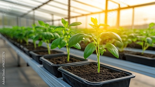 Vibrant basil plants growing in pots under sunlight in a greenhouse, showcasing healthy foliage and rich soil. photo