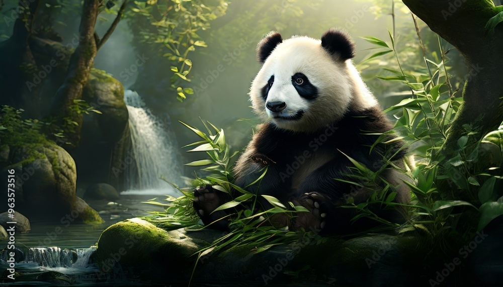 Obraz premium Cute panda bear sitting peacefully in a lush forest, munching on bamboo. This serene and enchanting scene captures the charm of wildlife and nature, ideal for animal lovers and environmental themes