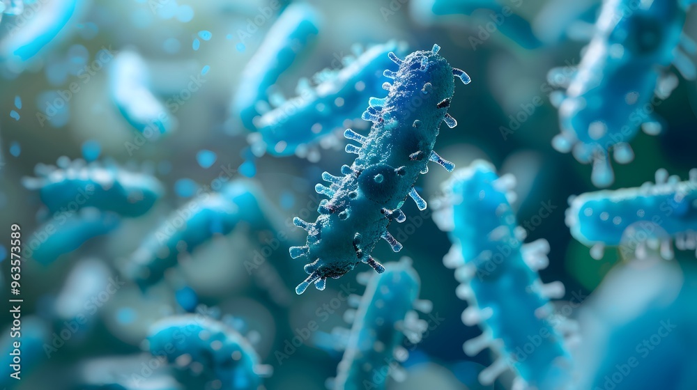 Microscopic View of Blue Bacteria with Spiky Appendages Microscopic View of Blue Bacteria with Spiky Appendages