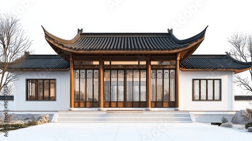 Adorable Chinese-style villa, 3D clay art technique, game-inspired architectural render, pristine white backdrop, high vantage point side view, detailed and charming design