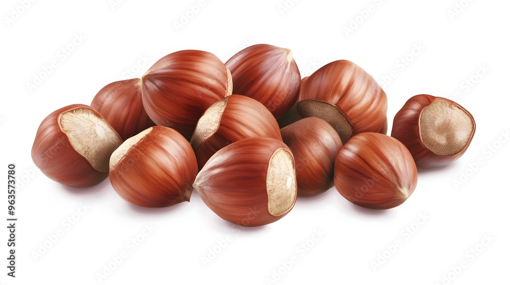 A display of hazelnuts on a white background, emphasizing their smooth, round shape and warm brown color with delicate detailing A display of hazelnuts on a white background, emphasizing their smooth, round shape and warm brown color with delicate detailing