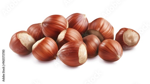 A display of hazelnuts on a white background, emphasizing their smooth, round shape and warm brown color with delicate detailing