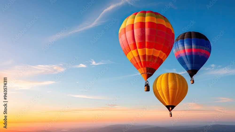 Naklejka premium Vibrant hot air balloons soaring against a stunning sunset sky, showcasing adventure and freedom in the open air.
