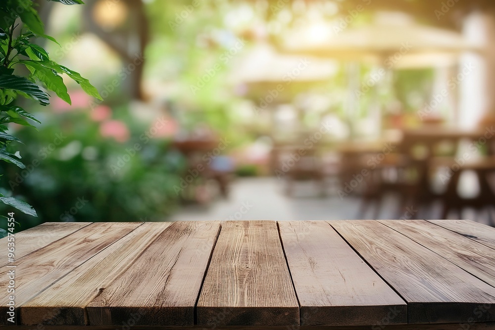 Empty wood table with blur interior outdoor space coffee restaurant or cafe for background .generative ai Empty wood table with blur interior outdoor space coffee restaurant or cafe for background .generative ai