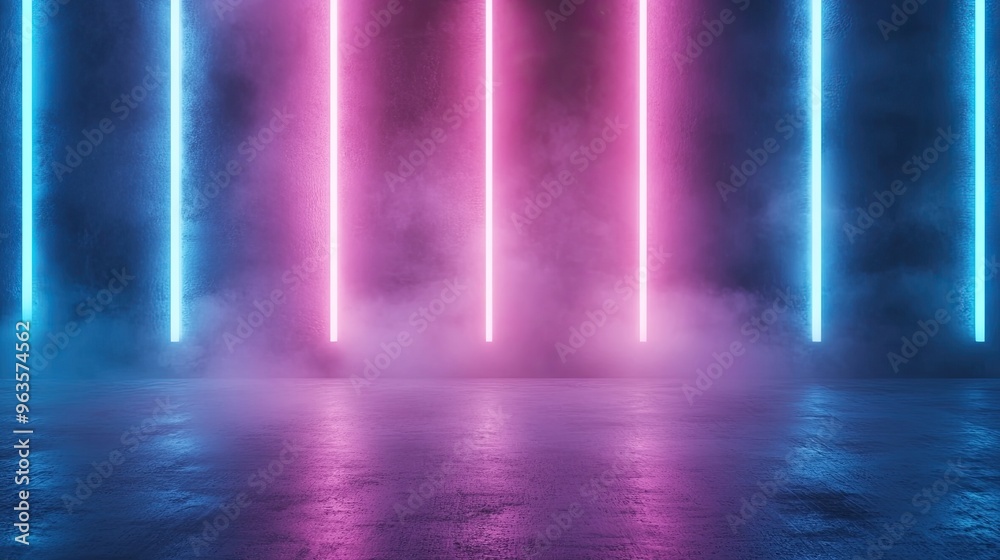 Obraz premium Vibrant neon lights create an immersive atmosphere with colorful beams and mist, perfect for modern backgrounds or creative projects.