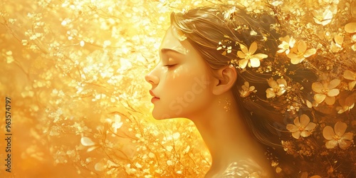 Golden Flowers on Warm Background. AI generated illustration. photo