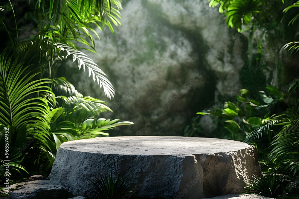 A stone podium in the jungle for product presentation A stone podium in the jungle for product presentation