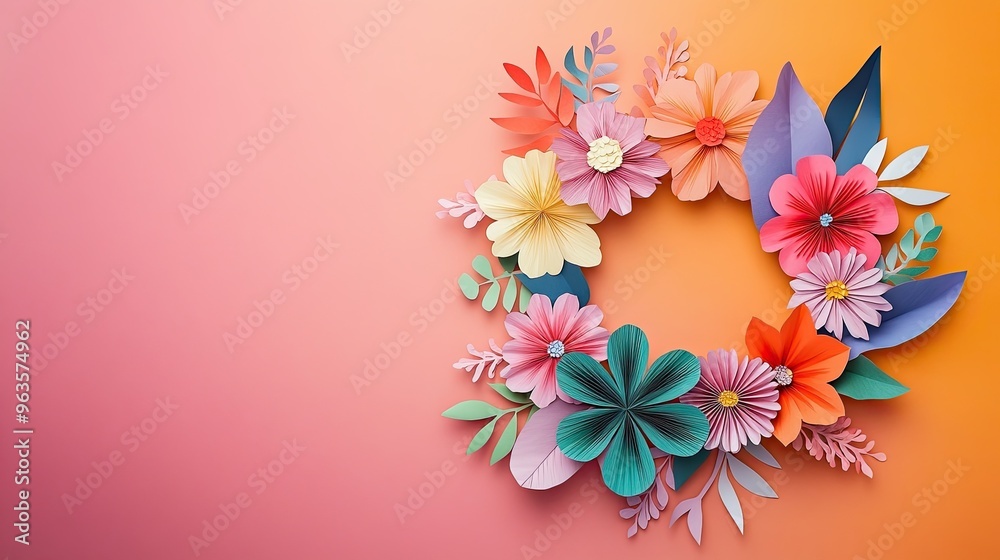 Vibrant paper flowers arranged in a beautiful wreath, perfect for spring designs and uplifting decor. Vibrant paper flowers arranged in a beautiful wreath, perfect for spring designs and uplifting decor.