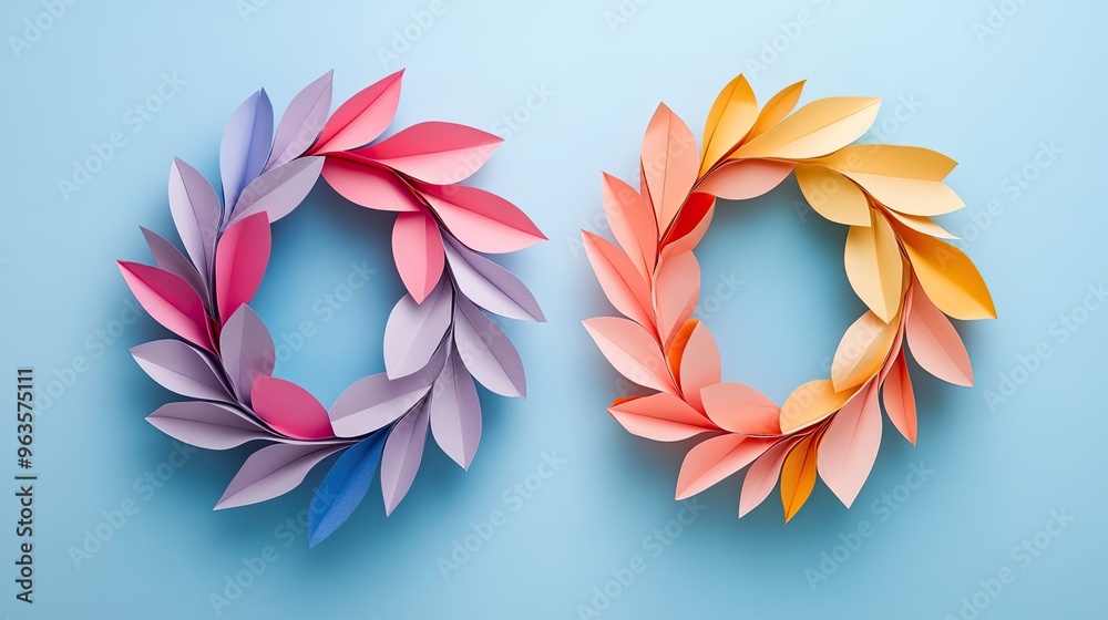 Obraz premium Vibrant paper wreaths showcasing pastel leaves, perfect for spring decor or artistic displays against a soft blue background.