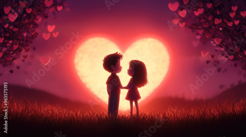 A romantic scene of two children embracing near a glowing heart, surrounded by hearts and a colorful sunset backdrop. high quality