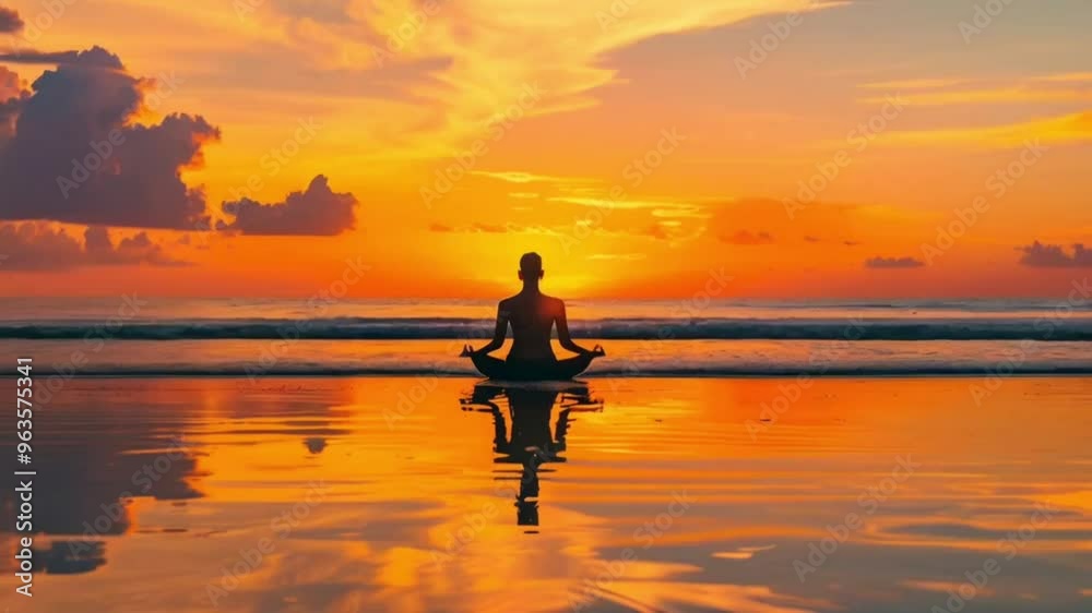 Silhouette of a Woman Meditating at Sunset on the Beach Silhouette of a Woman Meditating at Sunset on the Beach