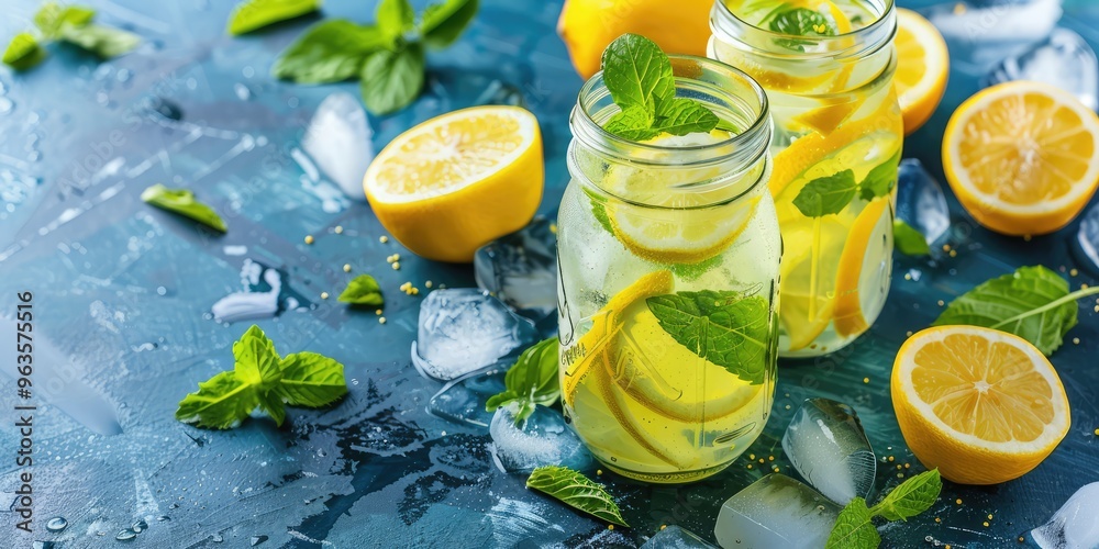 Refreshing Lemonade with Mint in a Glass Jar. AI generated illustration Refreshing Lemonade with Mint in a Glass Jar. AI generated illustration