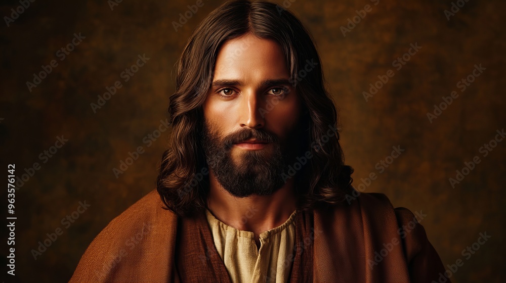 portrait of a handsome long-haired man with a beard in traditional tunic portrait of a handsome long-haired man with a beard in traditional tunic