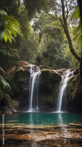 Captivating Waterfall Pool in Lush Forest Oasis Refreshing Natural Sanctuary. photo