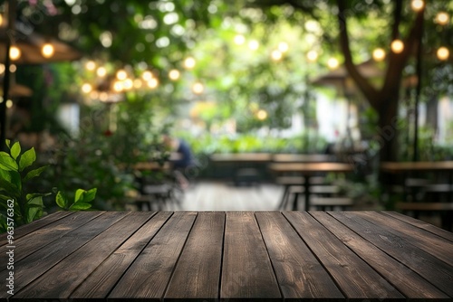 Empty wood table with blur interior outdoor space coffee restaurant or cafe for background .generative ai