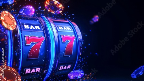 Slot machine Isolated on dark blue background. Online Casino slots banner concept. Lucky triple sevens. Gambling illustration.