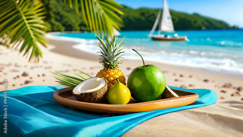 Obraz premium Tropical beach paradise with palm trees and romantic breakfast. The perfect place to relax with a picturesque view of the turquoise ocean and boat.