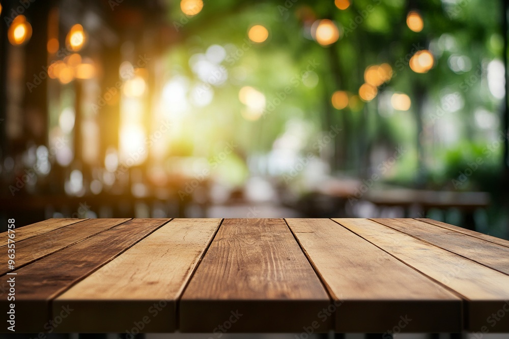 Empty wood table with blur interior outdoor space coffee restaurant or cafe for background .generative ai Empty wood table with blur interior outdoor space coffee restaurant or cafe for background .generative ai
