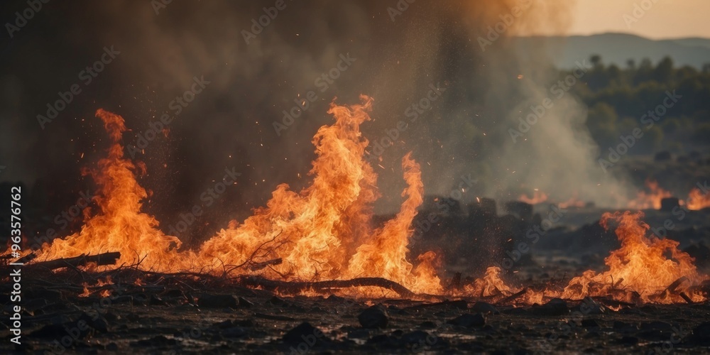 Wildfire Primal Frenzy Uncontrollable Natural Disaster Blazing Flames Destructive Fierce Burning Landscape Apocalyptic End of World Scenario. Wildfire Primal Frenzy Uncontrollable Natural Disaster Blazing Flames Destructive Fierce Burning Landscape Apocalyptic End of World Scenario.