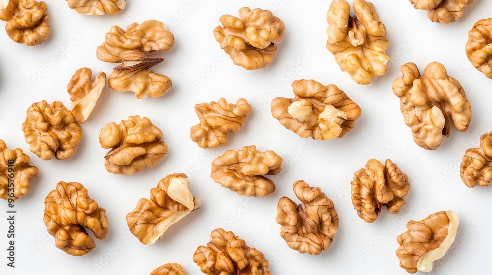 Realistic arrangement of shelled walnuts on a white background, focusing on their intricate, brain-like texture and warm brown color with subtle lighting Realistic arrangement of shelled walnuts on a white background, focusing on their intricate, brain-like texture and warm brown color with subtle lighting