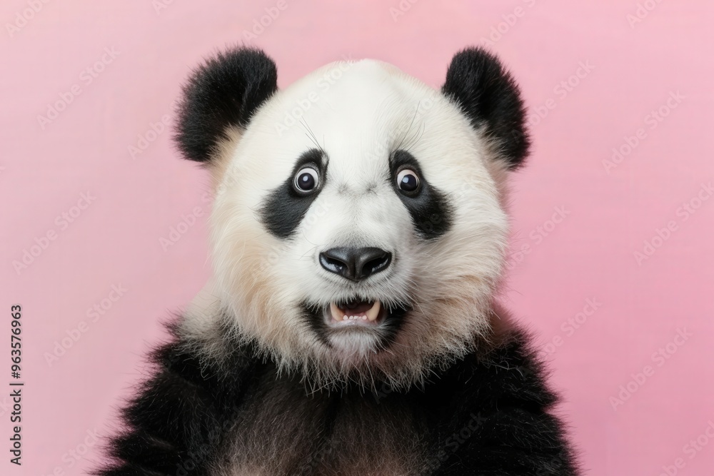 A panda bear with its eyes wide open and staring at the camera, generative ai image A panda bear with its eyes wide open and staring at the camera, generative ai image