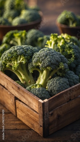 Freshly harvested broccoli in wooden crate. photo