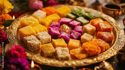 A golden thali filled with assorted mithai, including brightly colored halwa squares and khoya peda, surrounded by festive flowers and diyas photo