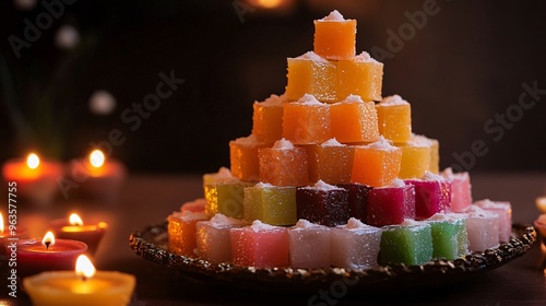 An artistic take on Diwali sweets, with colorful mithai stacked into a pyramid shape, illuminated by soft candlelight from nearby diyas photo