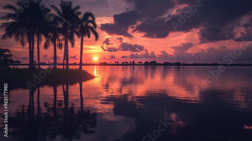 exotic, pink sunset on the lake with palm trees and clouds