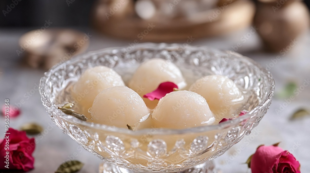 Delicate rasgullas floating in a crystal bowl of sugar syrup, with rose petals and cardamom pods adding to the aesthetic Delicate rasgullas floating in a crystal bowl of sugar syrup, with rose petals and cardamom pods adding to the aesthetic