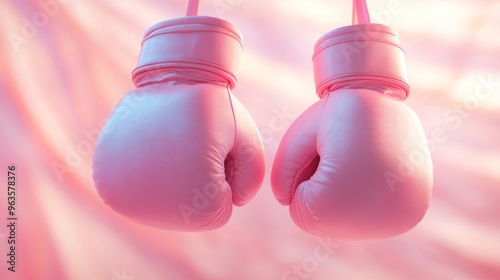 Pair of Pink Boxing Gloves Hanging Against a Blurred Pink Background photo