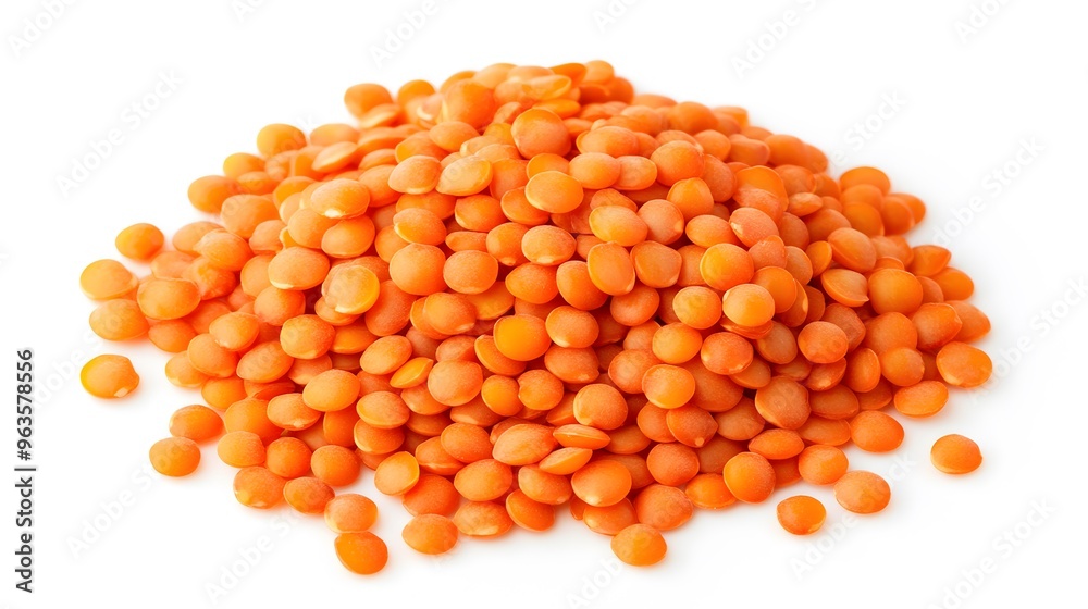 Realistic spread of red lentils on a white background, emphasizing their small, flat shape and vibrant orange color with delicate surface details Realistic spread of red lentils on a white background, emphasizing their small, flat shape and vibrant orange color with delicate surface details