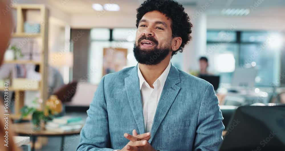 Business people, handshake and man in office, job interview and partnership with thank you. Employee, candidate and success with new position, gesture or success with deal, cooperation or recruitment