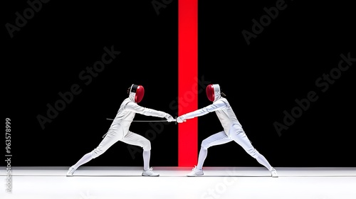 An intense fencing match, with swords clashing as two skilled fencers engage in a fast-paced duel. The sharp movements and quick reflexes of the athletes create a dramatic and exhilarating scene.  photo