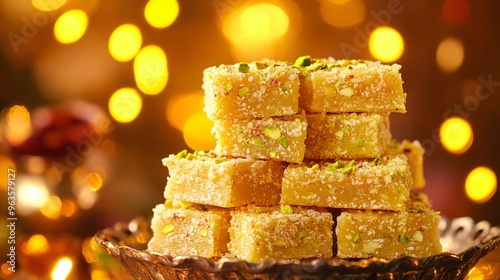 Delicate sohan papdi squares stacked neatly, dusted with pistachio, with a shimmering backdrop of Diwali lights photo