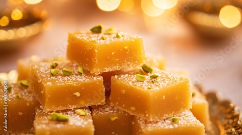 Delicate sohan papdi squares stacked neatly, dusted with pistachio, with a shimmering backdrop of Diwali lights photo