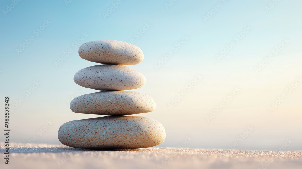 A serene stack of smooth stones symbolizing balance and tranquility against a calm sky, perfect for wellness and meditation themes. high quality A serene stack of smooth stones symbolizing balance and tranquility against a calm sky, perfect for wellness and meditation themes. high quality