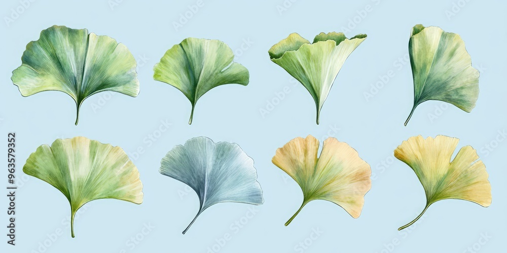 Obraz premium Ginkgo Leaves Painting on Blue Background. AI generated illustration.