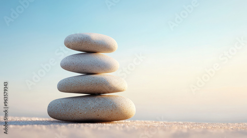 A serene stack of smooth stones symbolizing balance and tranquility against a calm sky, perfect for wellness and meditation themes. high quality