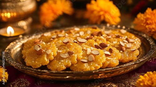 Golden platter filled with traditional Rajasthani ghevar, soaked in sugar syrup and topped with almonds, set against a backdrop of marigolds and candles photo