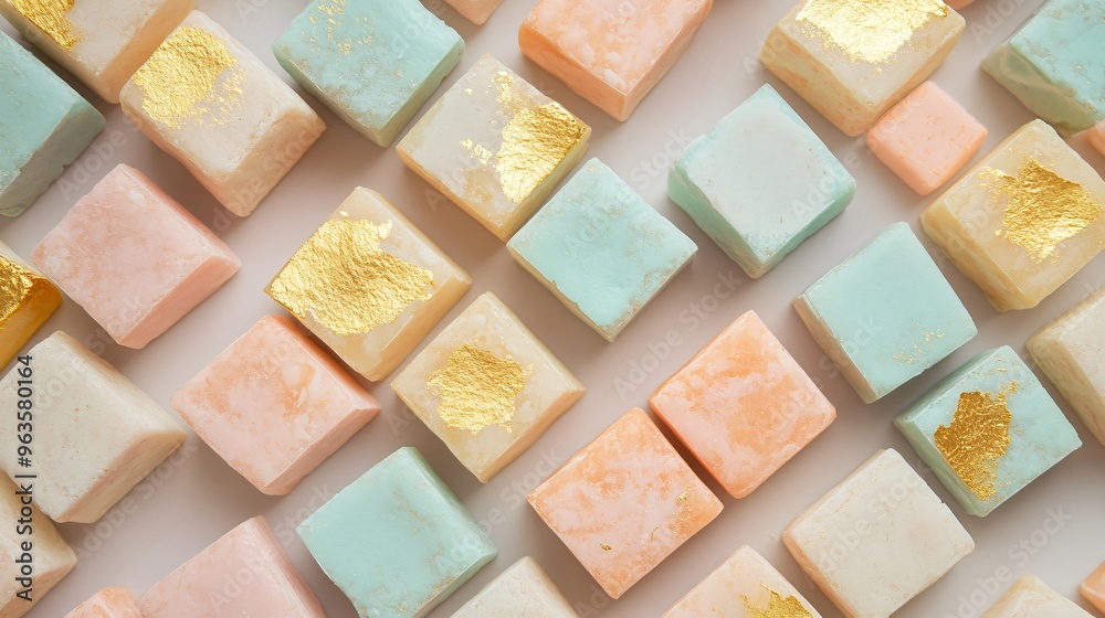 Minimalist modern Diwali sweet arrangement, featuring perfectly aligned cubes of barfi in pastel colors, with gold leaf accents Minimalist modern Diwali sweet arrangement, featuring perfectly aligned cubes of barfi in pastel colors, with gold leaf accents