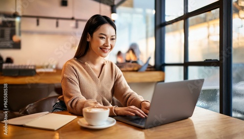 おしゃれなカフェでノートパソコンを使って仕事をしているアジア人女性（Asian woman working on laptop in stylish cafe）
 photo