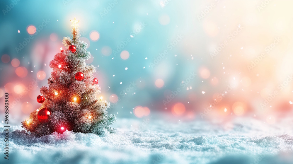 Christmas tree with red ornaments glowing in the snow. Concept for holiday celebrations, winter scenes, and Christmas decor Christmas tree with red ornaments glowing in the snow. Concept for holiday celebrations, winter scenes, and Christmas decor