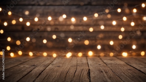 Rustic Wooden Background with String Lights.