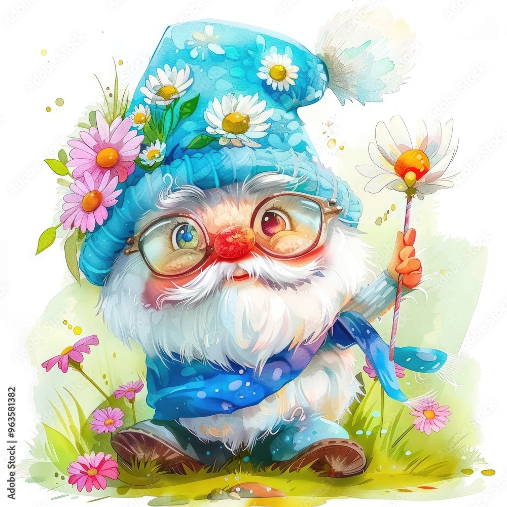 Fototapeta premium Watercolor sketch of a gnome in a knitted hat with daisies and a blue scarf, holding a magic wand, isolated on a white background, reflecting a happy and magical character.