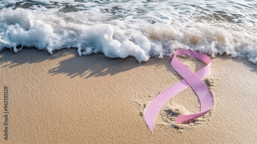 Pink Ribbon on Sandy Beach with Foamy Wave