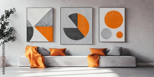 Abstract Geometric Canvases with Orange and Gray Shapes. AI generated illustration. photo