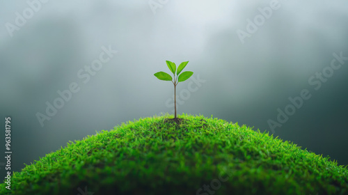 A small green plant grows on a lush mound of moss, symbolizing new beginnings and the beauty of nature. high quality photo