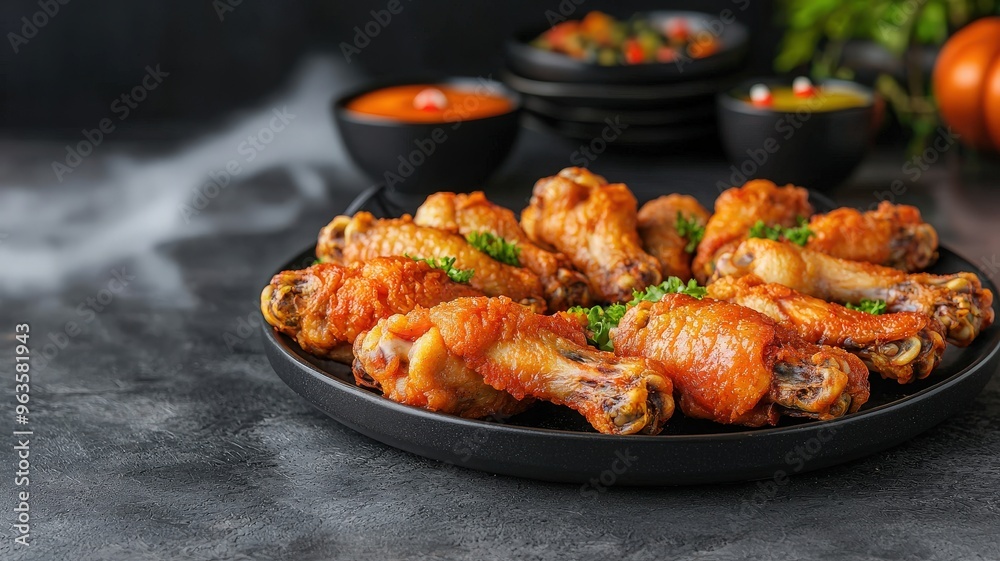 Deliciously prepared chicken wings served on a black plate, garnished with herbs, perfect for gatherings and parties. Deliciously prepared chicken wings served on a black plate, garnished with herbs, perfect for gatherings and parties.